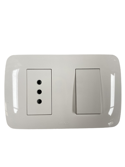 INTERRUPTOR SIMPLE 9/12 + TOMA CORRIENTE 10 Amp 250V BLANCO